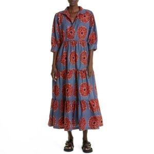 NEW The Oula Company Tiered Maxi Printed Cotton Shirt Dress Blue Red Large